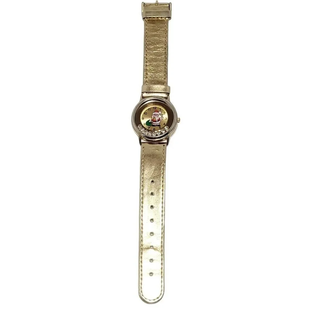 Santa Claus Christmas Holiday Watch Wristwatch Gold Band Moving Rhinestone WORKS